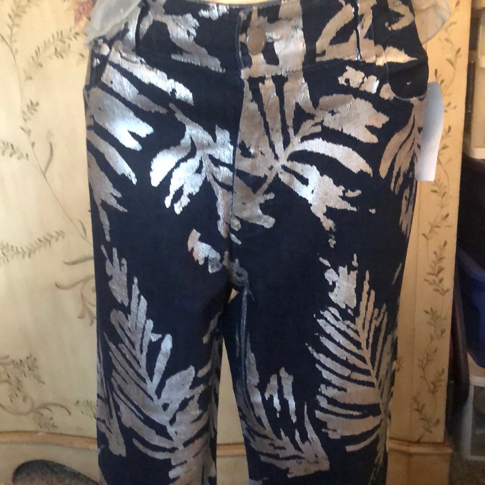 Blue stretch denim with silver in print.